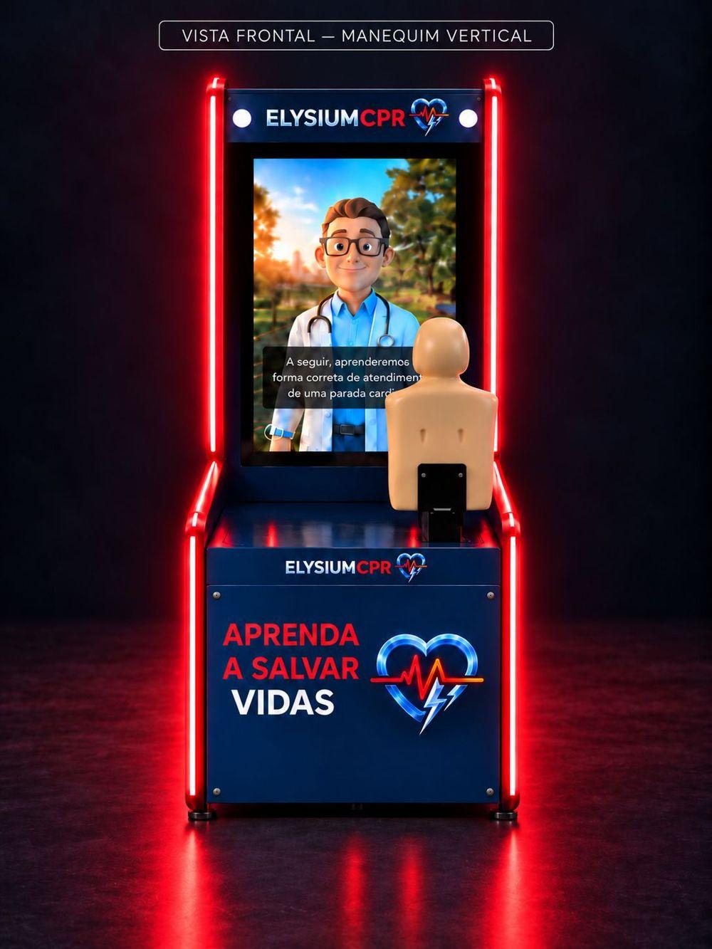 Vista frontal do totem Elysium CPR — Manequim vertical e tela do instrutor