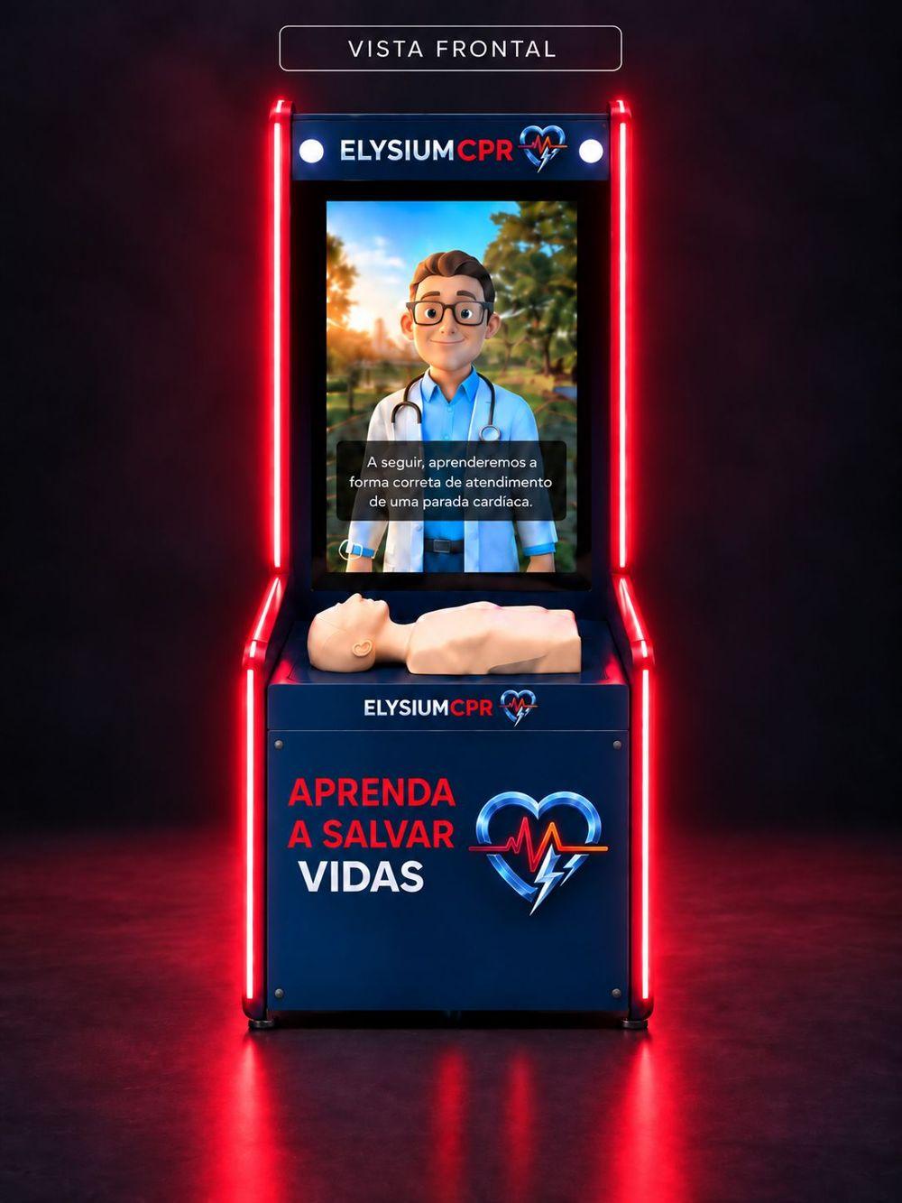 Vista frontal do totem Elysium CPR: gabinete azul-marinho com bordas de LED vermelho, tela vertical com o instrutor animado, manequim deitado e a frase Aprenda a salvar vidas