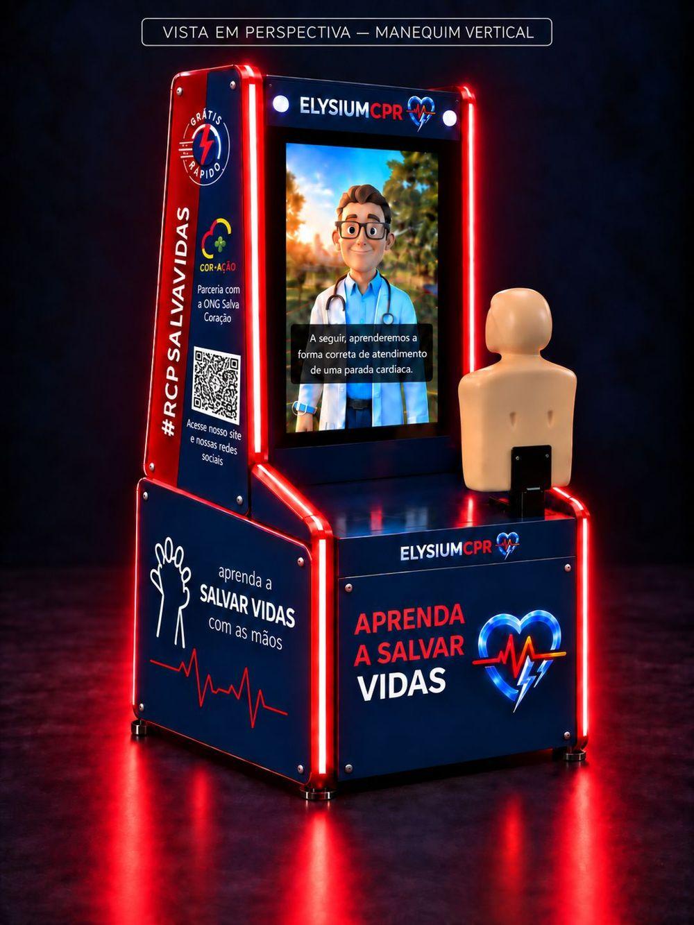 Vista em perspectiva do totem Elysium CPR — Versão com QR code para site e redes sociais