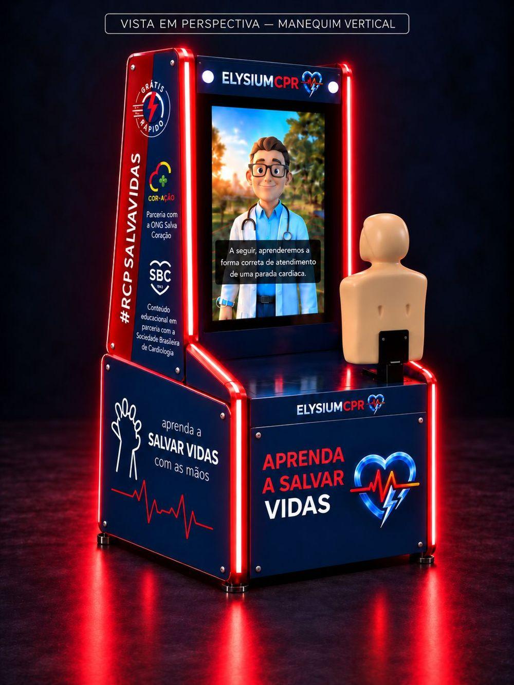 Vista em perspectiva do totem com manequim vertical: lateral vermelha com #RCPSalvaVidas, selos Cor+Ação e SBC, e tela com o instrutor animado