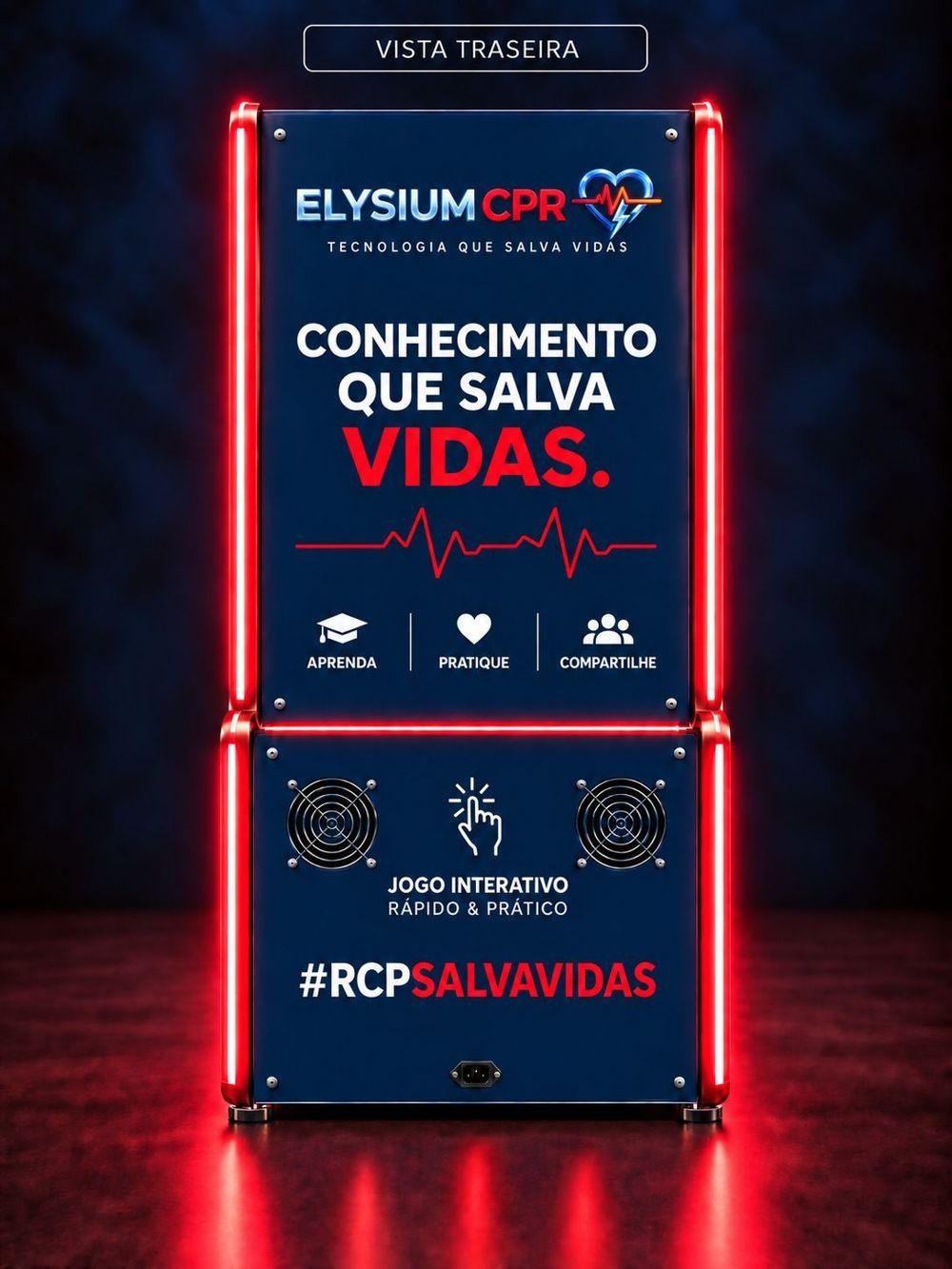 Vista traseira do totem Elysium CPR — Conhecimento que salva vidas — aprenda, pratique, compartilhe